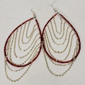 Women's Silver tone Dangling Chain - Red Beaded Big Hoop Fishhook Drop Earrings